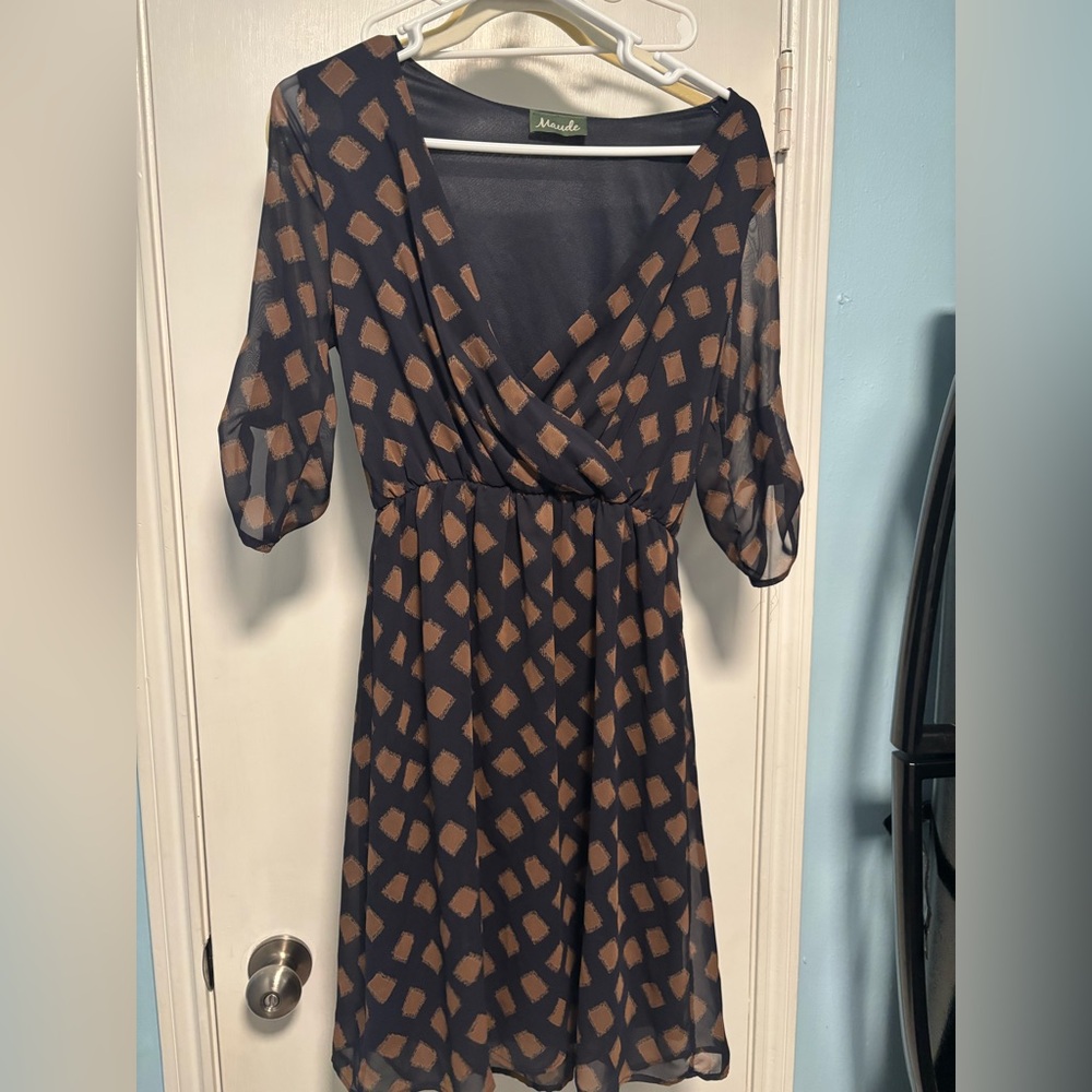 Maude Blue and Brown Patterned Midi Dress chiffon button sleeve Size small